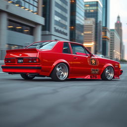 A meticulously tuned 1985 Chevrolet Chevy Nova parked in a sleek urban setting