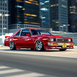 A meticulously tuned 1985 Chevrolet Chevy Nova parked in a sleek urban setting