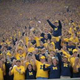 A passionate crowd of Michigan football fans, adorned in maize and blue, passionately cheering in a stadium environment. Include details of the Michigan logo and football-related elements.