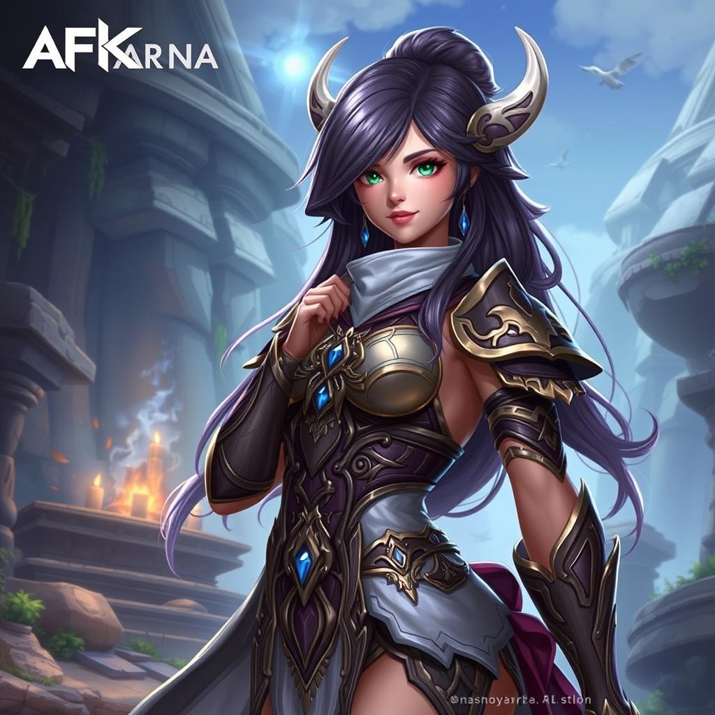 Nyla from AFK Arena, beautifully detailed character design, showcasing the intricate costume and mystical atmosphere of the game