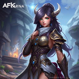 Nyla from AFK Arena, beautifully detailed character design, showcasing the intricate costume and mystical atmosphere of the game