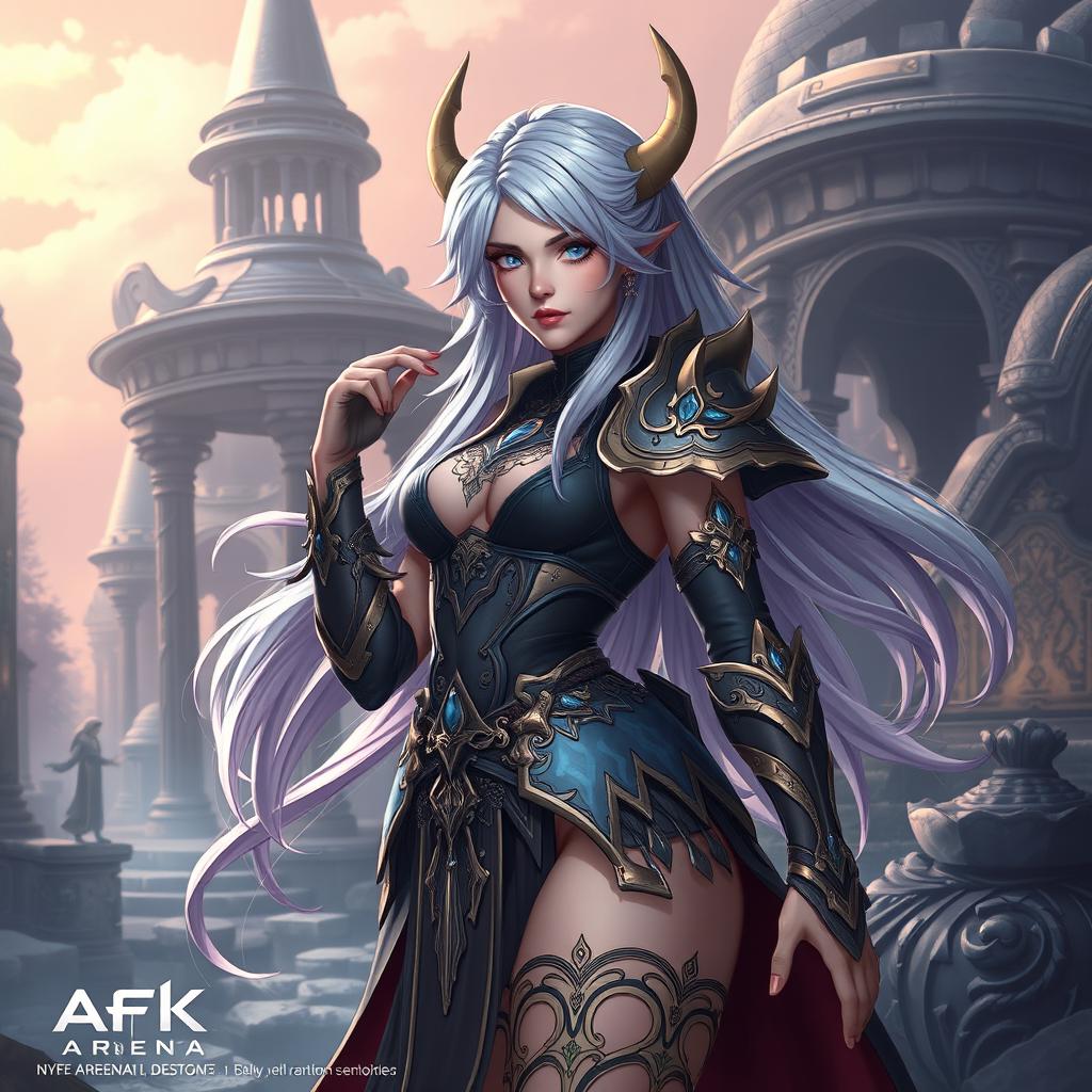 Nyla from AFK Arena, beautifully detailed character design, showcasing the intricate costume and mystical atmosphere of the game