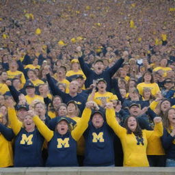 A passionate crowd of Michigan football fans, adorned in maize and blue, passionately cheering in a stadium environment. Include details of the Michigan logo and football-related elements.