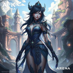 Nyla from AFK Arena, beautifully detailed character design, showcasing the intricate costume and mystical atmosphere of the game