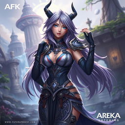 Nyla from AFK Arena, beautifully detailed character design, showcasing the intricate costume and mystical atmosphere of the game