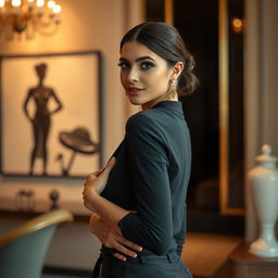 A confident and stylish woman in an elegant setting, highlighting her fashionable attire in a pose that emphasizes her curves