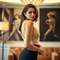 A confident and stylish woman in an elegant setting, highlighting her fashionable attire in a pose that emphasizes her curves