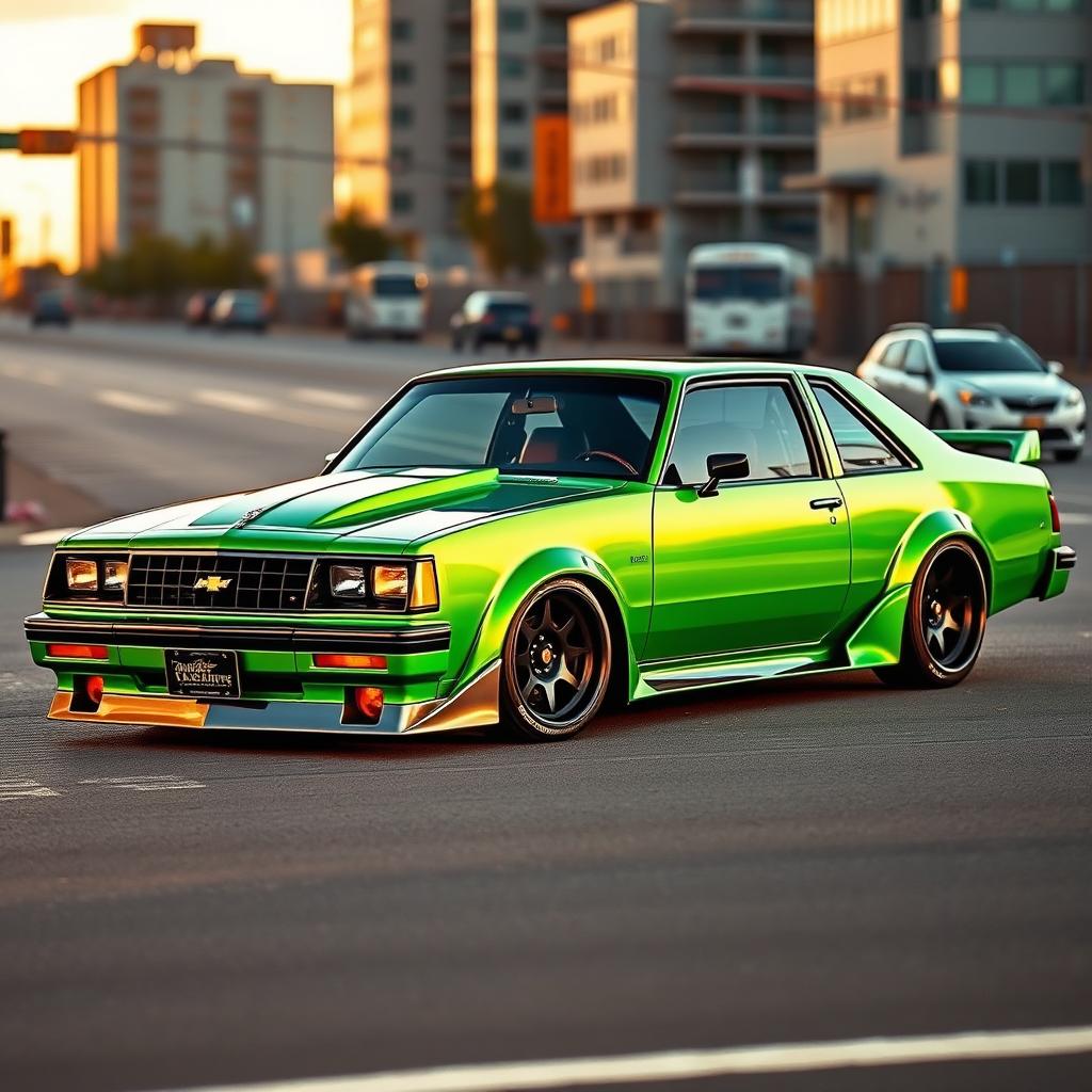 A vibrantly tuned 1985 Chevrolet Chevy Nova, painted in a striking emerald green, captured in an urban racing environment