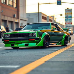 A vibrantly tuned 1985 Chevrolet Chevy Nova, painted in a striking emerald green, captured in an urban racing environment