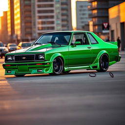 A vibrantly tuned 1985 Chevrolet Chevy Nova, painted in a striking emerald green, captured in an urban racing environment