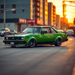 A vibrantly tuned 1985 Chevrolet Chevy Nova, painted in a striking emerald green, captured in an urban racing environment