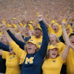 A passionate crowd of Michigan football fans, adorned in maize and blue, passionately cheering in a stadium environment. Include details of the Michigan logo and football-related elements.