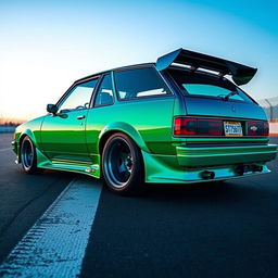 A customized 1985 Chevrolet Chevy Nova, featuring a stunning green-blue gradient paint job that shifts dynamically in the light