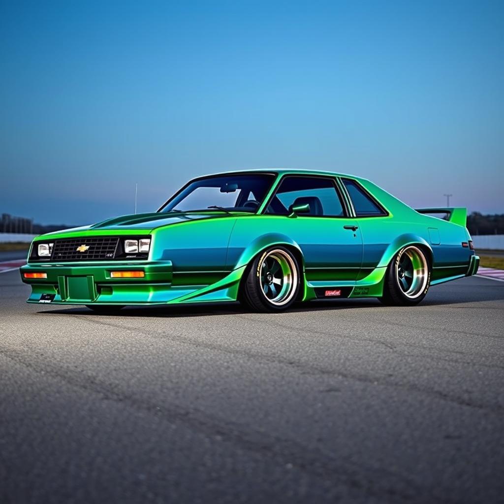 A customized 1985 Chevrolet Chevy Nova, featuring a stunning green-blue gradient paint job that shifts dynamically in the light