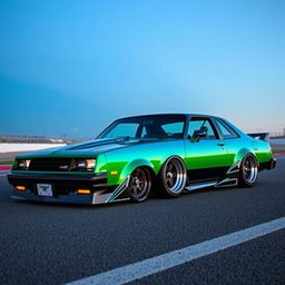 A customized 1985 Chevrolet Chevy Nova, featuring a stunning green-blue gradient paint job that shifts dynamically in the light