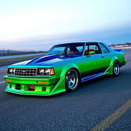 A customized 1985 Chevrolet Chevy Nova, featuring a stunning green-blue gradient paint job that shifts dynamically in the light