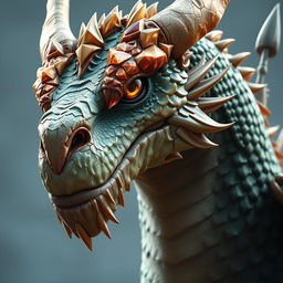 A close-up portrait capturing the intricate details of a dragon with a captivating topaz-colored head, featuring glistening scales and expressive eyes