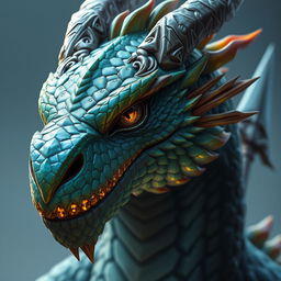 A close-up portrait capturing the intricate details of a dragon with a captivating topaz-colored head, featuring glistening scales and expressive eyes