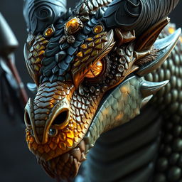 A close-up portrait capturing the intricate details of a dragon with a captivating topaz-colored head, featuring glistening scales and expressive eyes