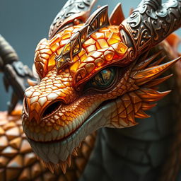 A close-up portrait capturing the intricate details of a dragon with a captivating topaz-colored head, featuring glistening scales and expressive eyes