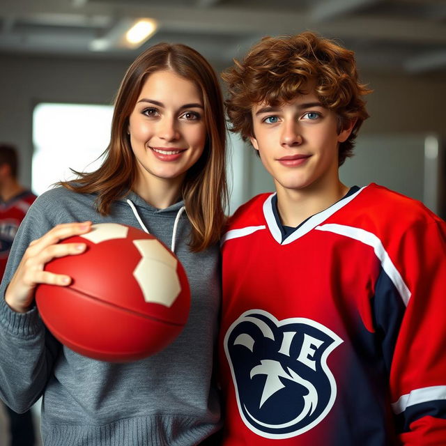 A young brunette woman with medium-length hair and brown hazel eyes stands confidently holding a football