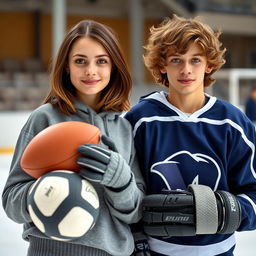 A young brunette woman with medium-length hair and brown hazel eyes stands confidently holding a football