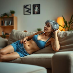 an ultra realistic landscape photo of a thin 50-year-old woman with short hair, wearing a bra and blue short summer shorts, lying gracefully on a couch in a cozy living room setting, warm ambient lighting, a soft and plush couch, and a background featuring a bookshelf and houseplants, bringing a touch of homeliness