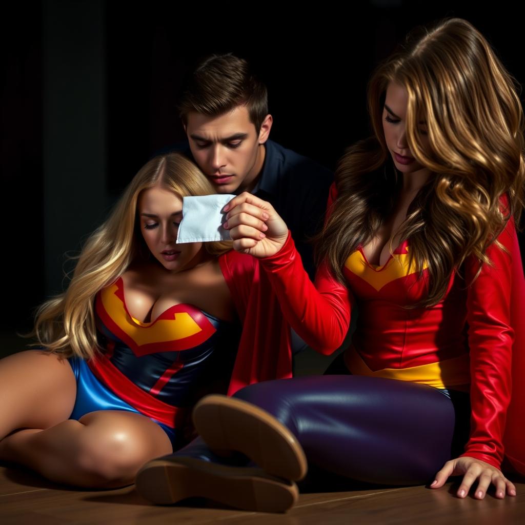 Two sexy, sleepy superheroines, a blonde in a vibrant red costume and a brunette in an alluring blue outfit, are on their knees, captured in a dramatic moment as a young man holds a small, white chloroform cloth near their mouths