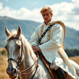 A handsome nobleman with blond hair is riding a horse, wearing a traditional white national costume