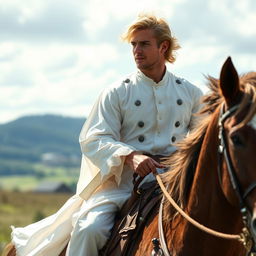 A handsome nobleman with blond hair is riding a horse, wearing a traditional white national costume