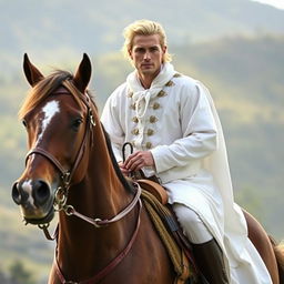 A handsome nobleman with blond hair is riding a horse, wearing a traditional white national costume