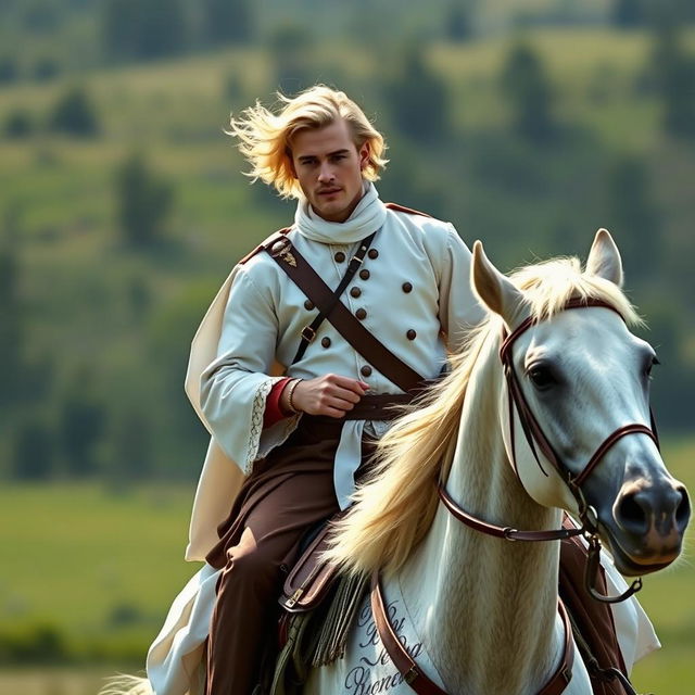 A handsome nobleman with blond hair is riding a horse, wearing a traditional white national costume