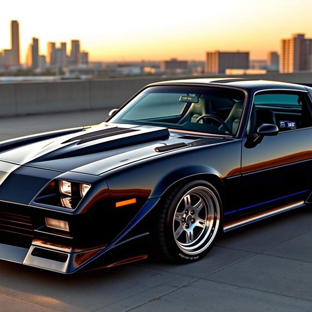 A meticulously customized 1980 Chevrolet Camaro, showcasing a sleek, aerodynamic body kit with a modern design
