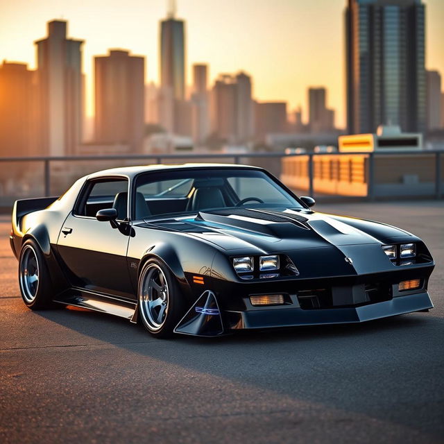 A meticulously customized 1980 Chevrolet Camaro, showcasing a sleek, aerodynamic body kit with a modern design