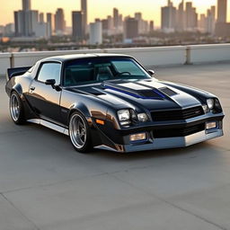 A meticulously customized 1980 Chevrolet Camaro, showcasing a sleek, aerodynamic body kit with a modern design