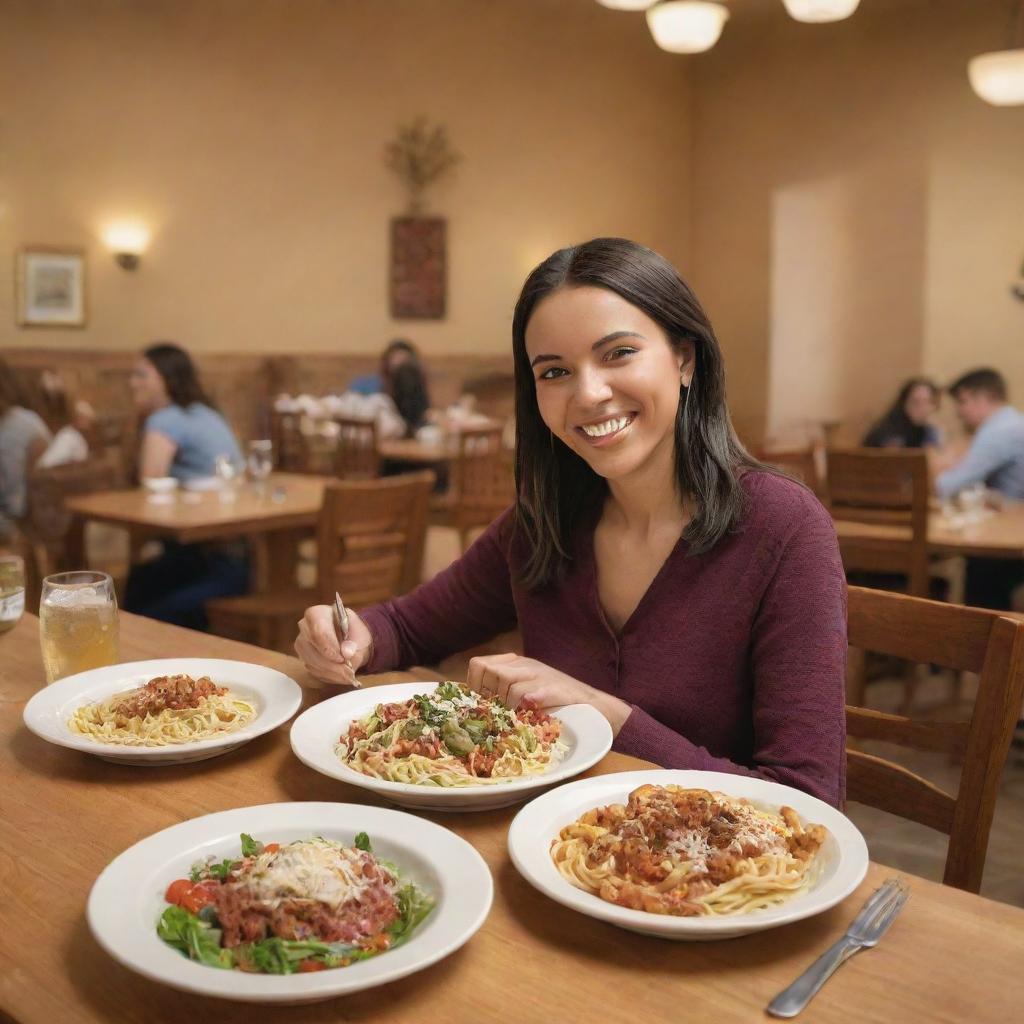 A person enjoyably dining at an Olive Garden restaurant, surrounded by a tastefully decorated dining area and a table filled with classic Olive Garden dishes: endless breadsticks, salad, and pasta.