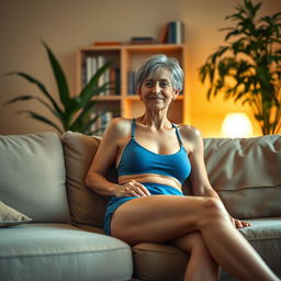 an ultra realistic landscape photo of a thin 50-year-old woman with short hair, wearing a sporty bra and blue short summer sport shorts, lying comfortably on a couch in a cozy living room setting