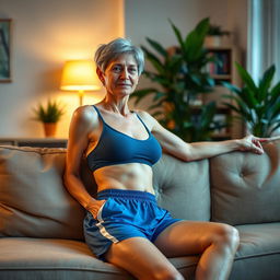 an ultra realistic landscape photo of a thin 50-year-old woman with short hair, wearing a sporty bra and blue short summer sport shorts, lying comfortably on a couch in a cozy living room setting