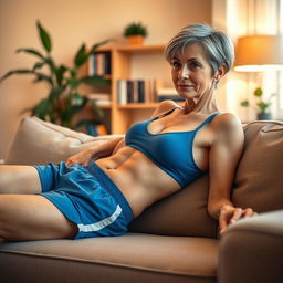 an ultra realistic landscape photo of a thin 50-year-old woman with short hair, wearing a sporty bra and blue short summer sport shorts, lying comfortably on a couch in a cozy living room setting