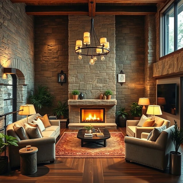 A cozy interior design of a living room featuring stone and wood elements