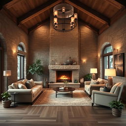 A cozy interior design of a living room featuring stone and wood elements