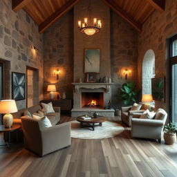 A cozy interior design of a living room featuring stone and wood elements