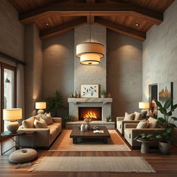 A cozy interior design of a living room featuring stone and wood elements