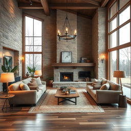 A bright and cozy interior design of a living room featuring stone and wood elements