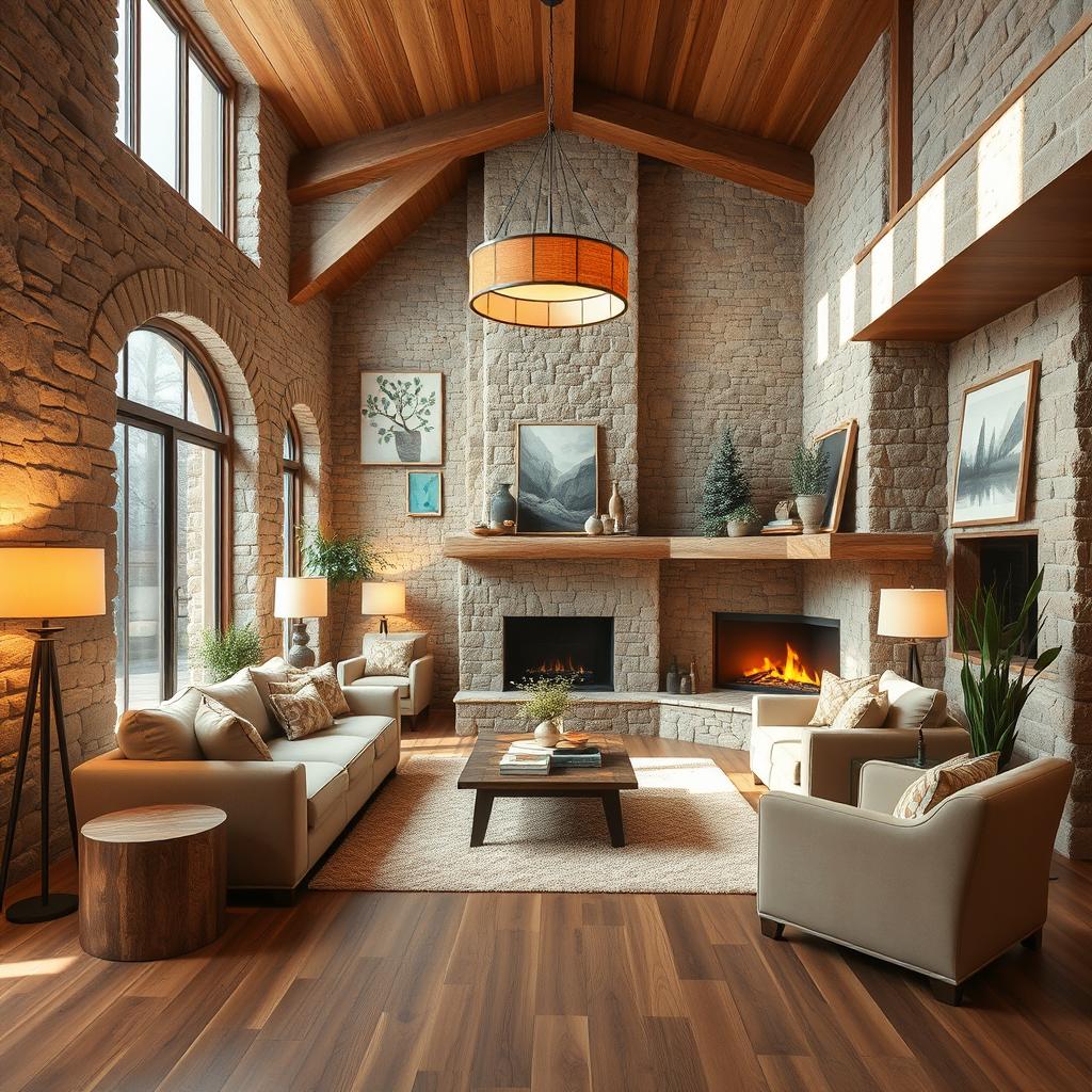 A bright and cozy interior design of a living room featuring stone and wood elements