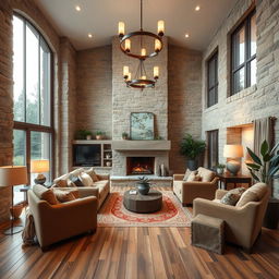 A bright and cozy interior design of a living room featuring stone and wood elements