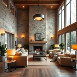 A bright and cozy interior design of a living room featuring stone and wood elements