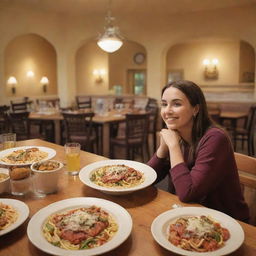 A person enjoyably dining at an Olive Garden restaurant, surrounded by a tastefully decorated dining area and a table filled with classic Olive Garden dishes: endless breadsticks, salad, and pasta.