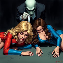 Two sexy, sleepy superheroines, a blonde in a vibrant red costume and a brunette in an alluring blue outfit, are on their knees in a tense scenario