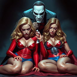 Two sexy, sleepy superheroines, a blonde in a vibrant red costume and a brunette in an alluring blue outfit, are on their knees in a tense scenario